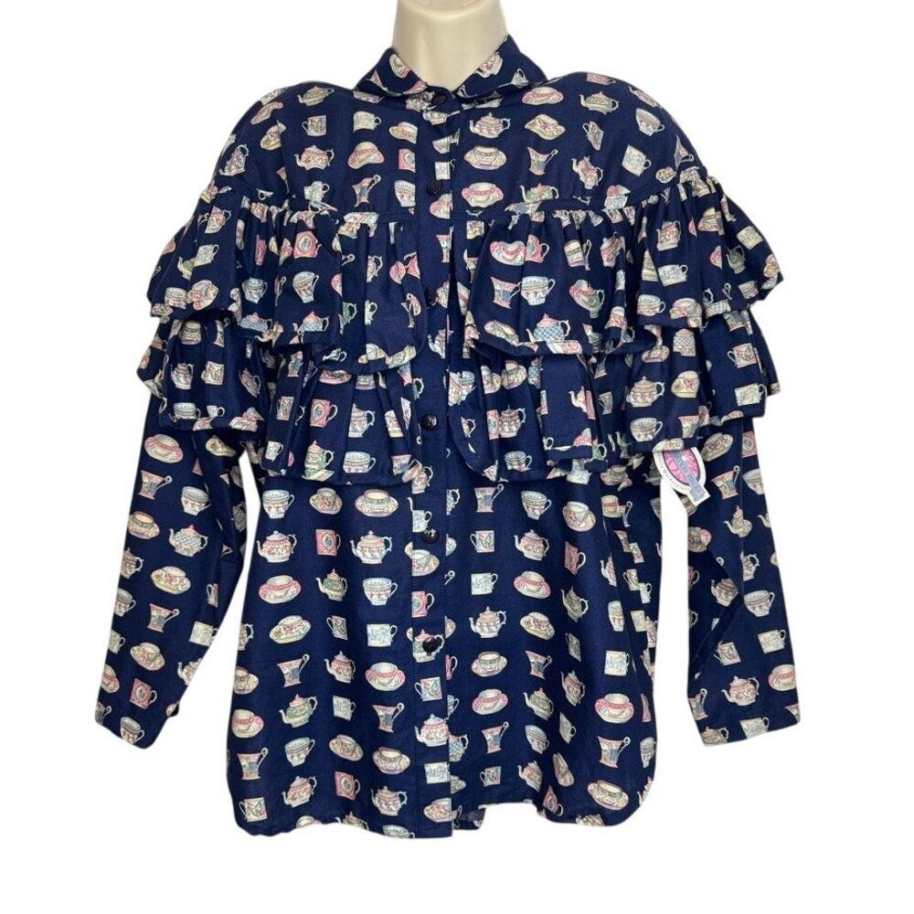 467. Conversation Pieces Teacup Print Button Front Blouse NWT Size L